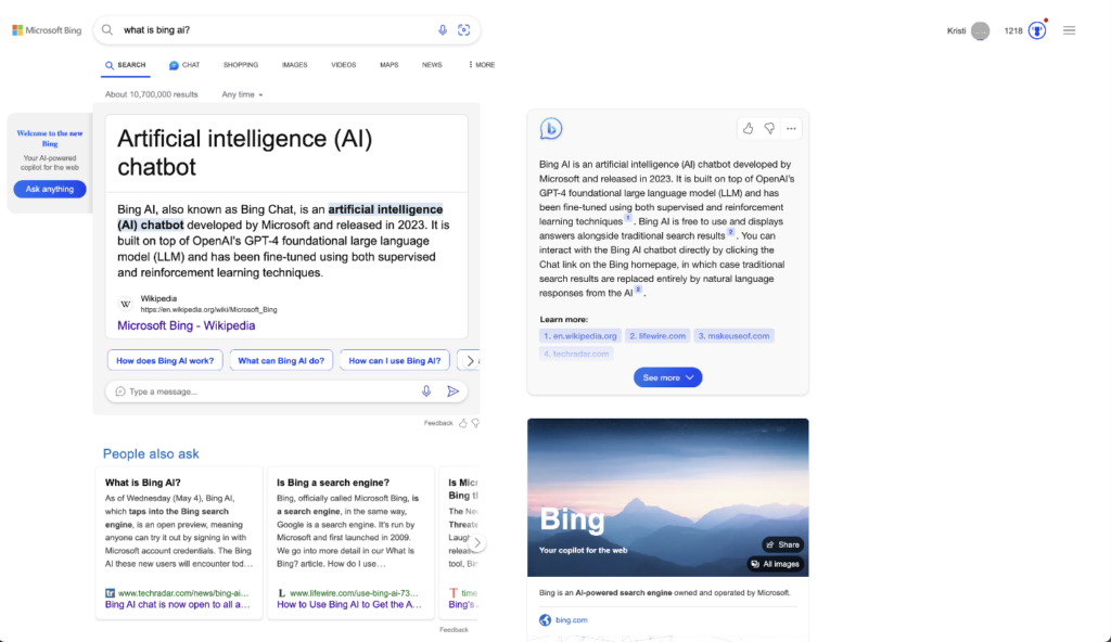 Bing screenshot - AI Chatbot