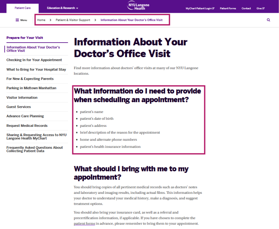 NYU Health Dashboard Screenshot - Information About Your Doctor's Office Visit