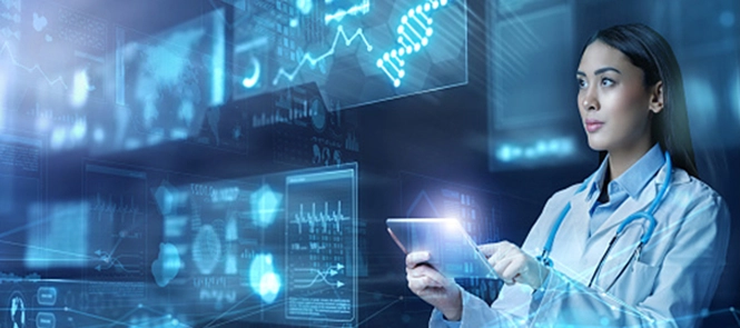 A female doctor in a white coat with a stethoscope uses a tablet surrounded by glowing blue digital data screens showing DNA and medical charts.